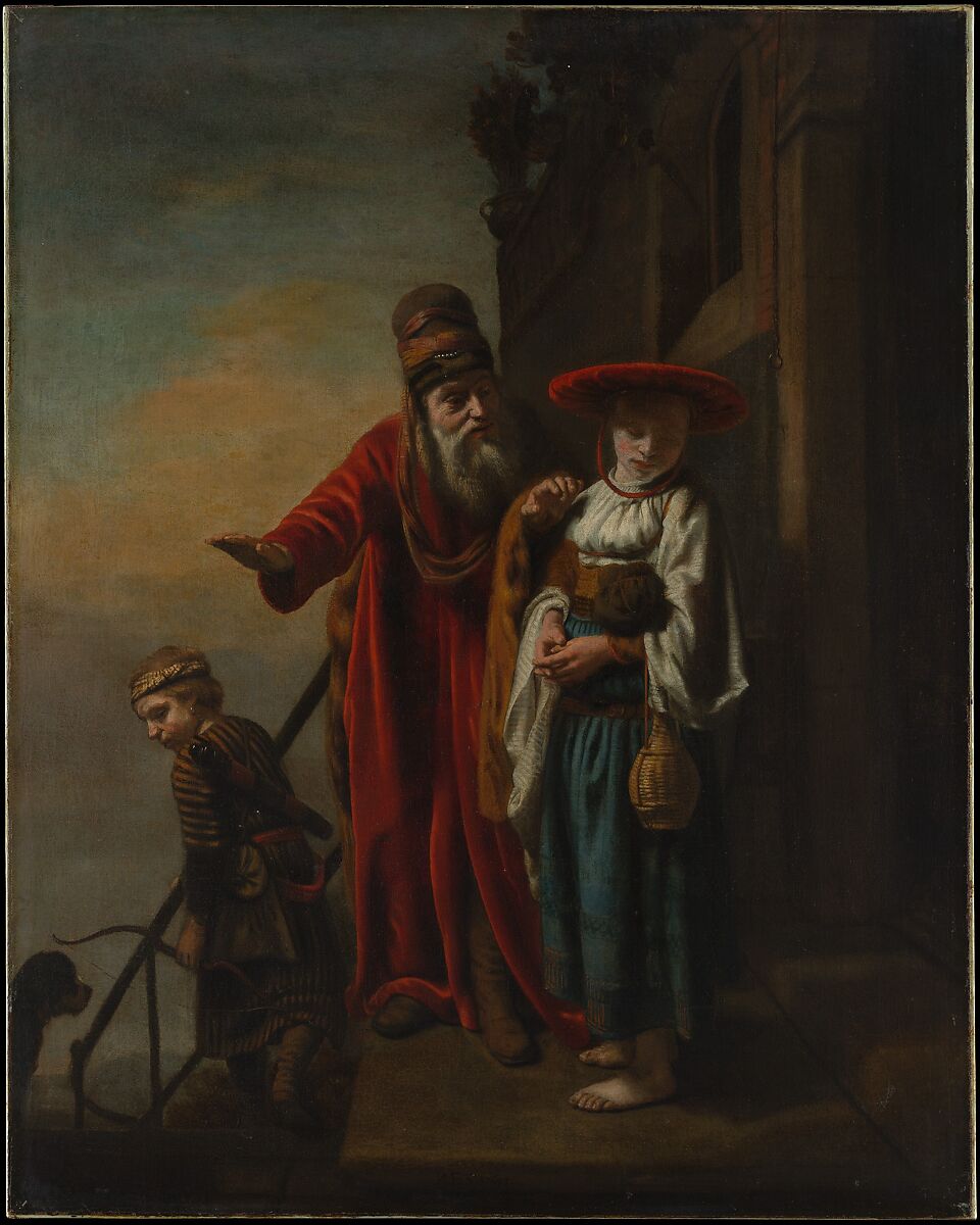 At a doorway, Abraham rests one hand on Hagar's shoulder and extends the other outwards. Hagar looks down as Ishmael turns to leave.