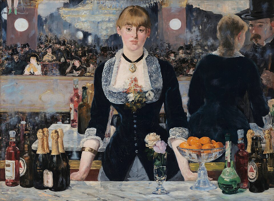 A barmaid faces the viewer; the mirror behind her shows a crowd and a man at the counter.