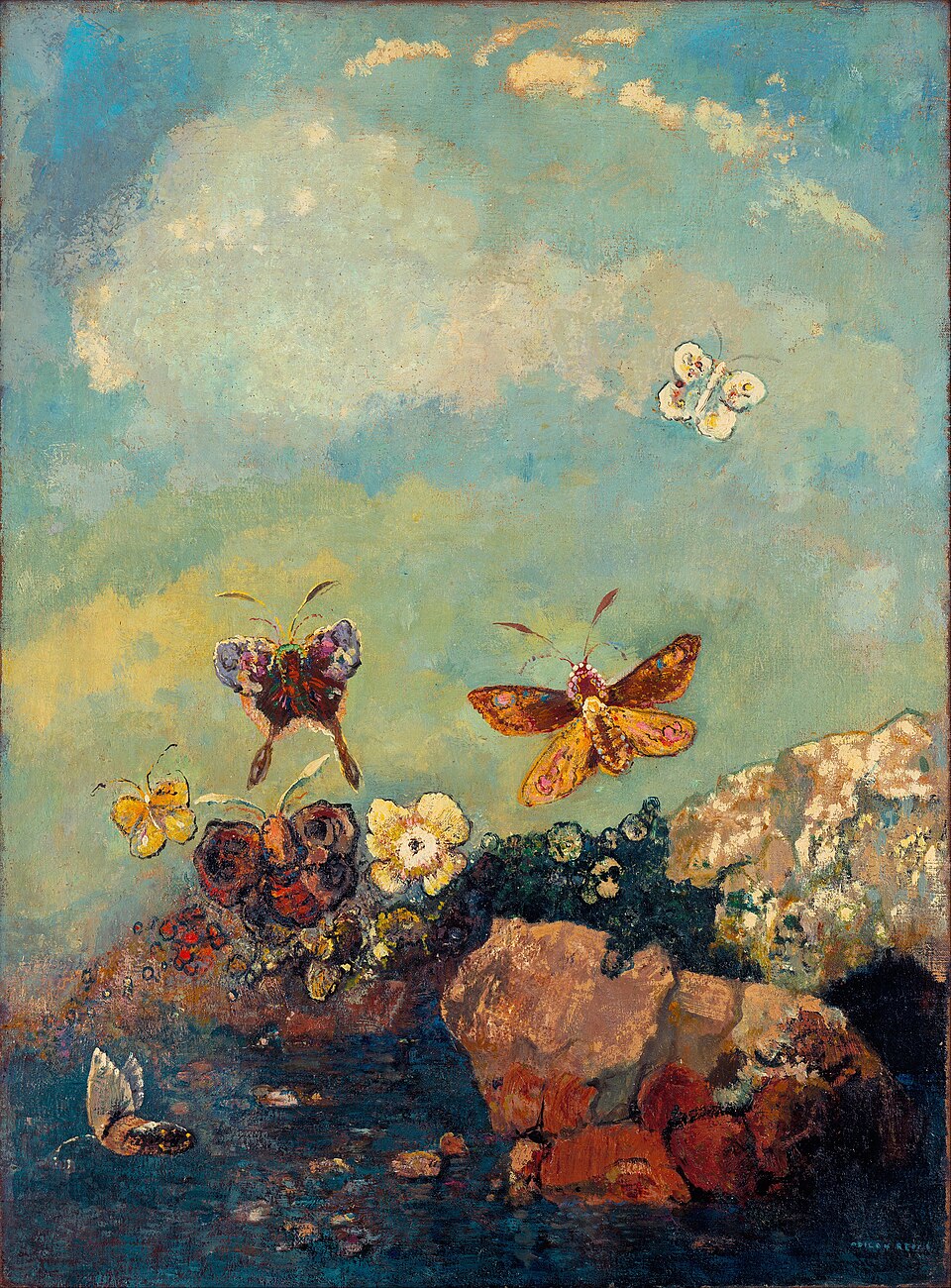 Bright butterflies float through an expansive blue and gold field above flowers and rocks.