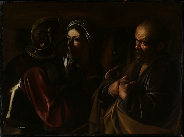 A soldier and a woman confront Peter, who holds his hands against his chest.