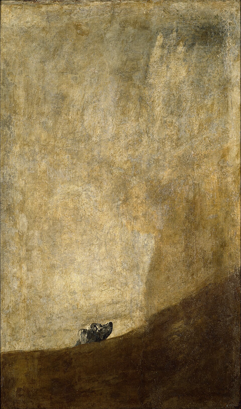 A small dog’s head looks upward from a dark slope beneath a vast ochre field.