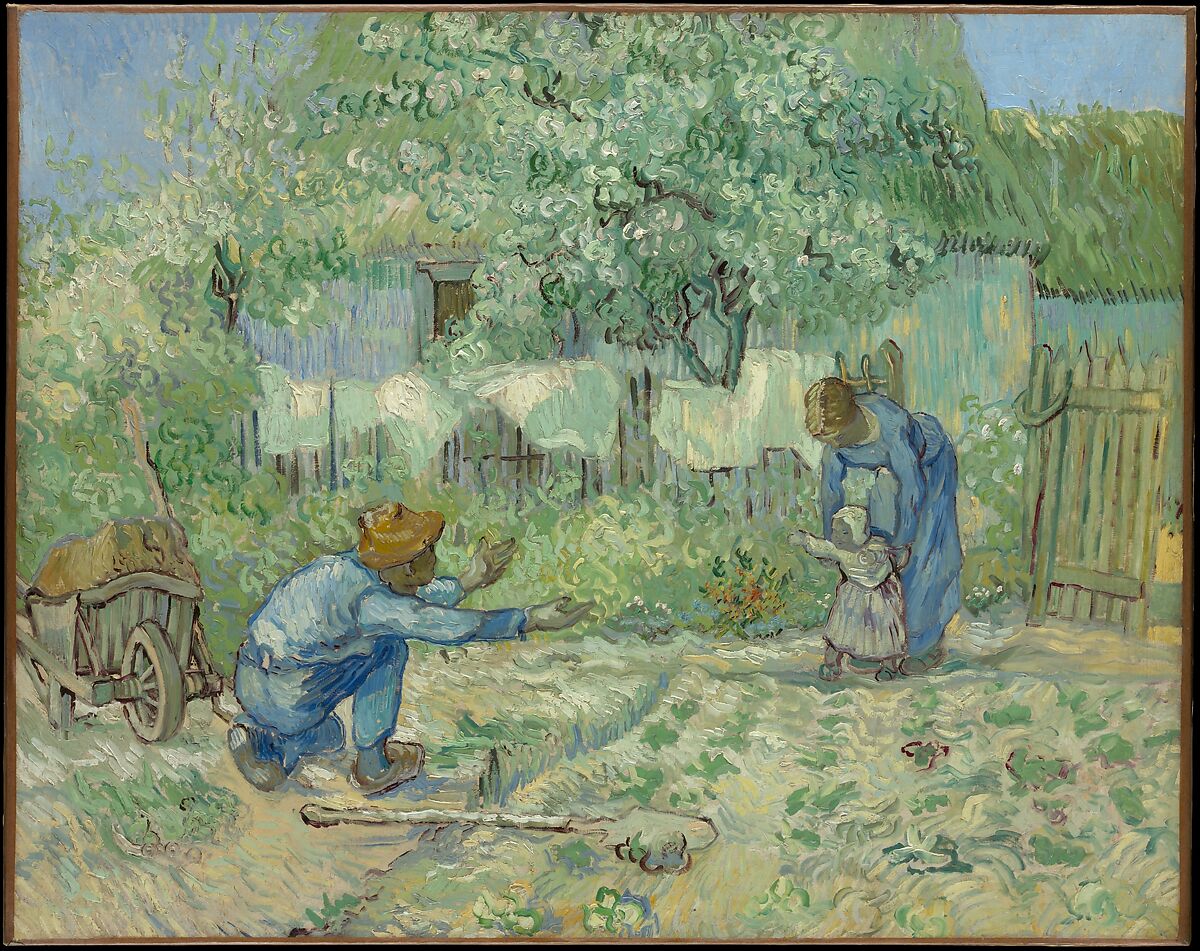In a green garden, a father kneels with both arms outstretched towards a small child supported by its mother.
