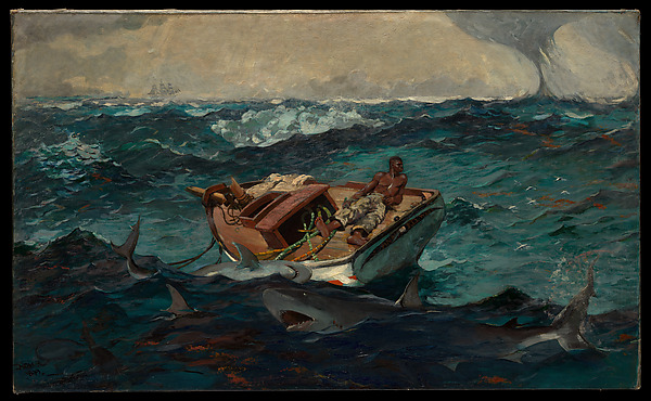 A man reclines on a damaged boat amid sharks and waves, with a waterspout on the horizon.