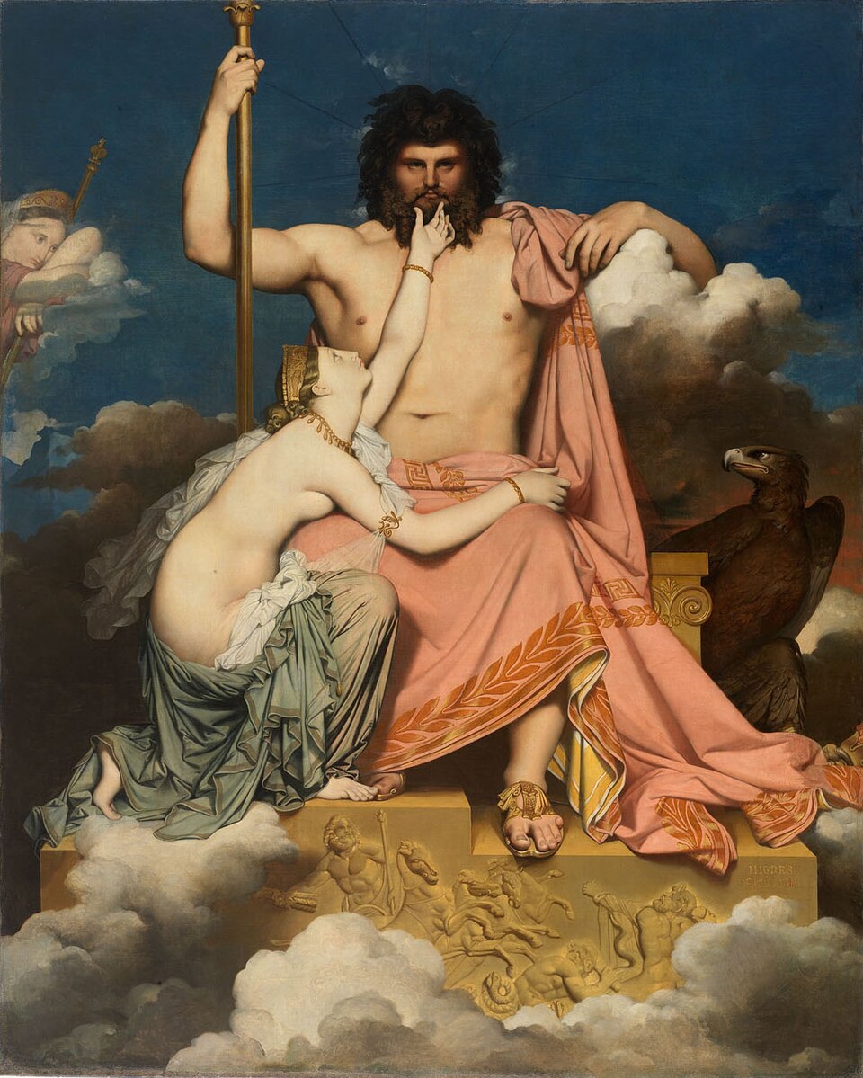 Jupiter sits frontally on his throne while Thetis reaches up to touch his chin.
