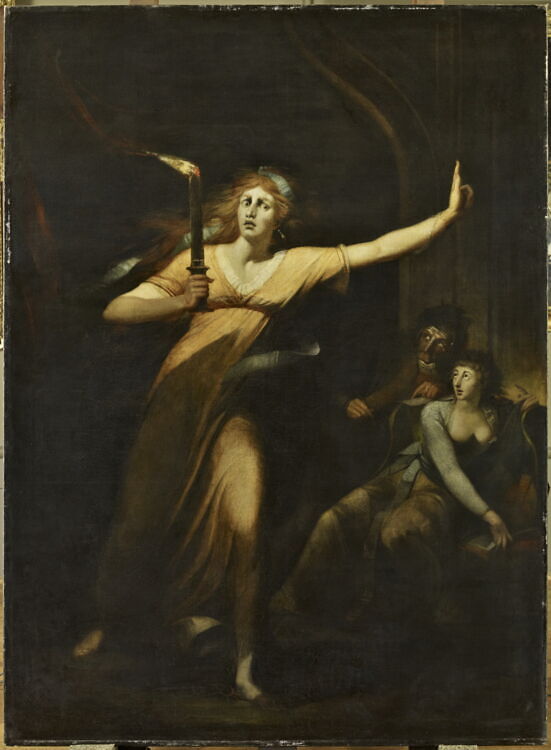 Lady Macbeth advances with a candle and an outstretched arm while two figures watch from the shadows.