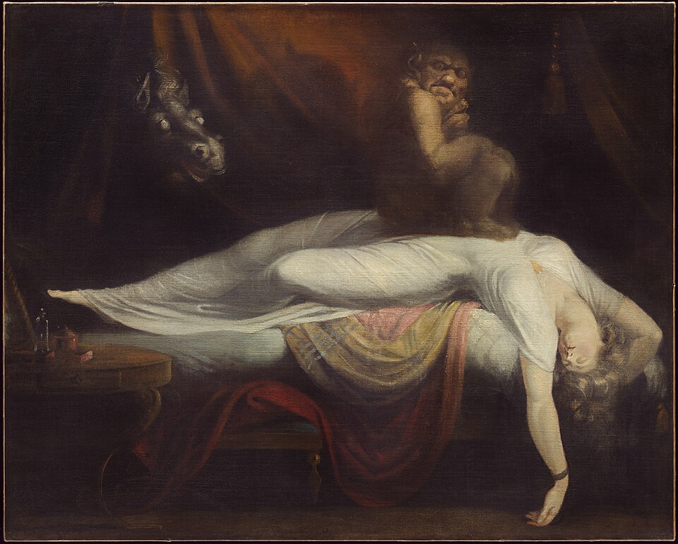 A woman lies across a bed with a creature sitting on her torso; a horse peers through the curtains.