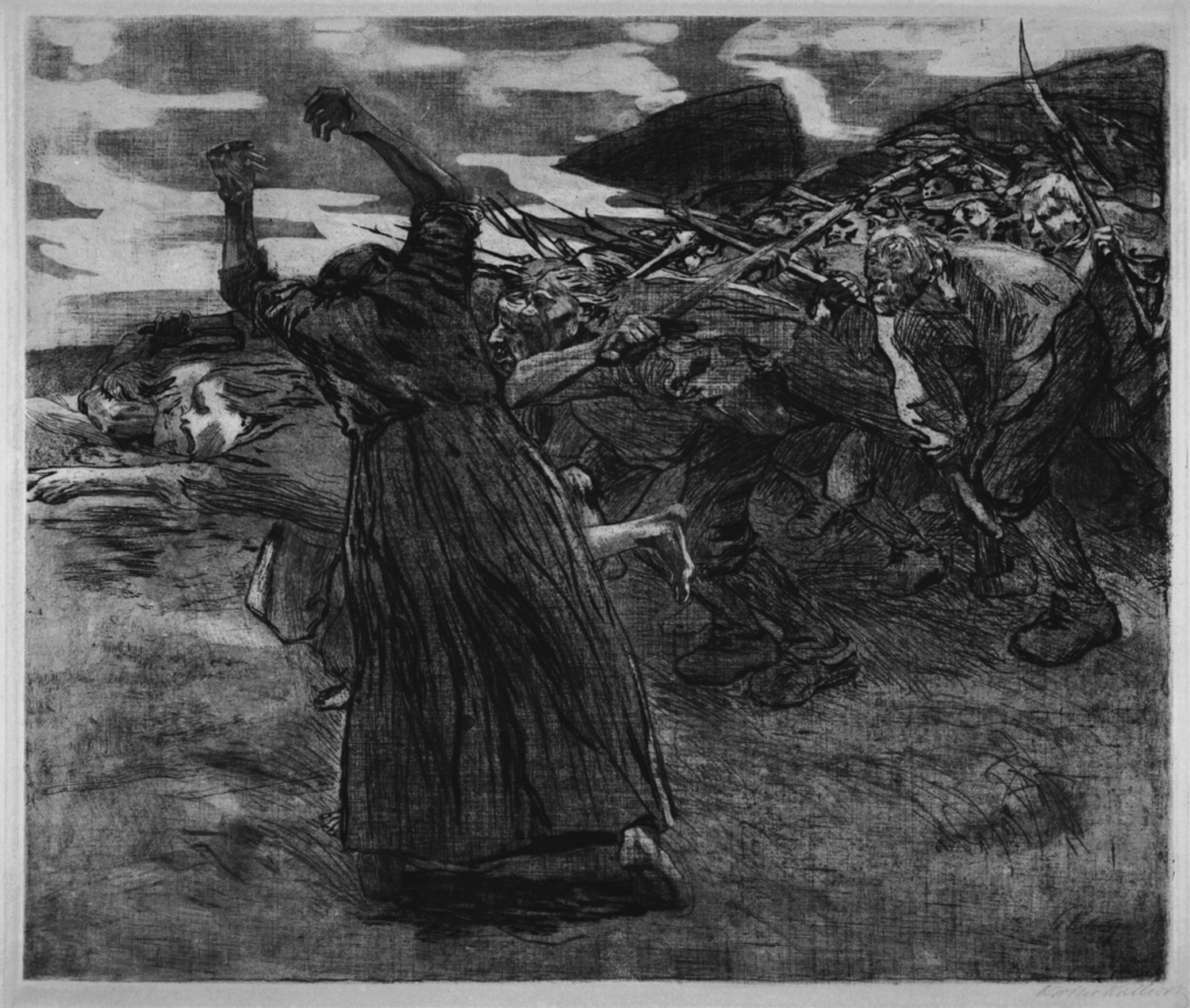 A woman raises her arms before a dense crowd surging forward with tools and weapons.