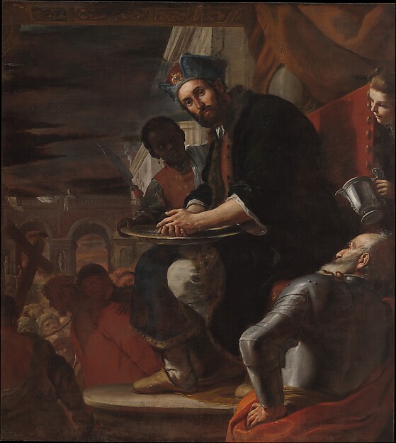 Pilate washes his hands over a basin as Christ is led away in the background.