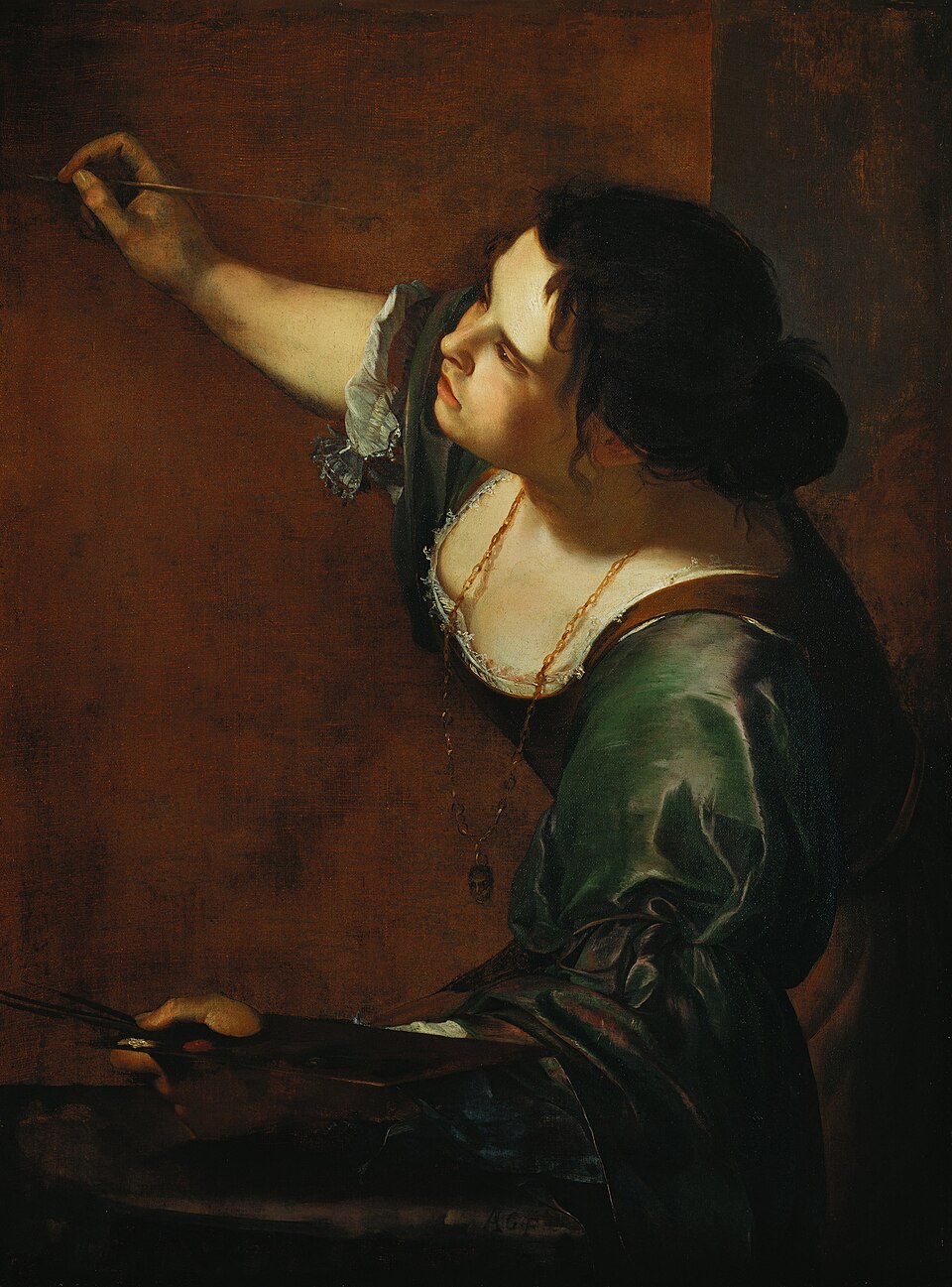 The painter leans forward with a raised brush, holding her palette in her other hand.