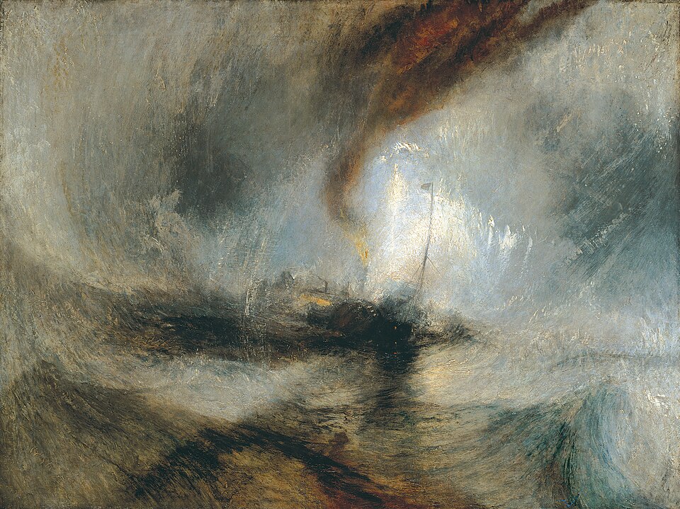 A small steamer nearly disappears inside a vortex of sea, smoke and weather.