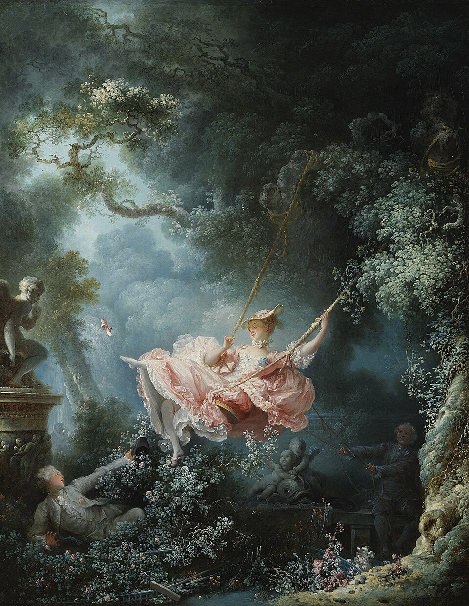 A woman in a pink dress swings above a hidden admirer, kicking a shoe into the air.