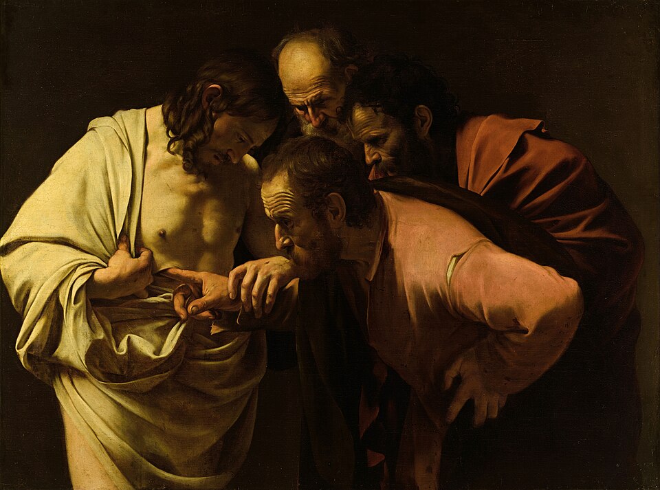 Thomas bends close while Christ guides his finger into the wound in his side.